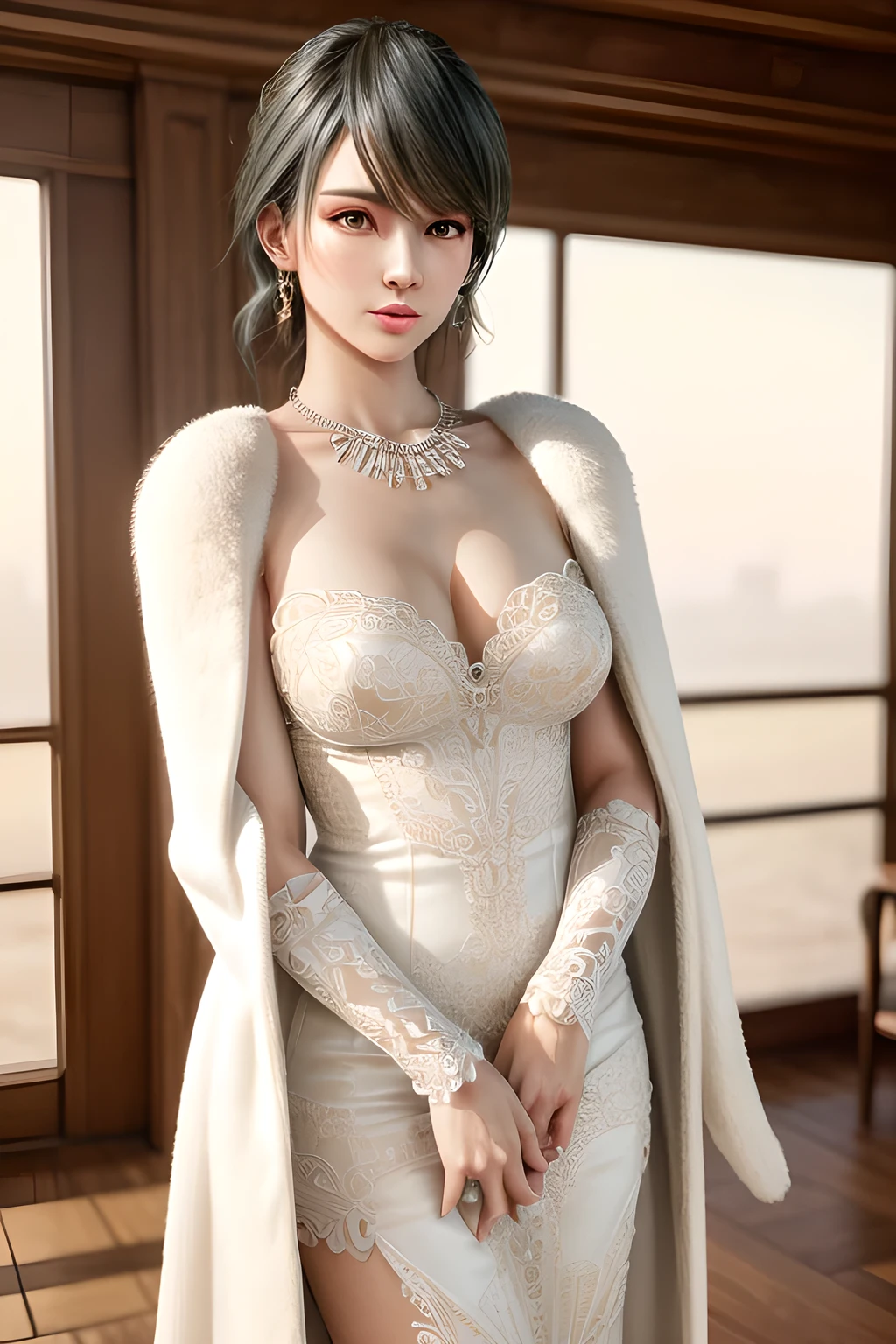 A lady with extraordinary temperament, she stands in a modern indoor space, as if she is a model from a fashion magazine. She is wearing a (pure white long fur cape), the softness and luster of which makes her look more noble under the light, and complements her (beige dress) underneath, showing her gentle temperament while maintaining a sense of fashion. The style of the dress is simple and generous, a perfect match, and it lengthens her figure, making her tall and charming. The lady's makeup is delicate and elegant, which just highlights her facial features and makes people unforgettable at first sight. Although the earrings and necklace she wears are not ostentatious, they add a bit of sophistication and nobility to her overall look. Her hair is casually draped over her shoulders, and every strand of hair exudes a natural luster,, (best quality,8k,highres,masterpiece:1.2),ultra-detailed,(realistic,photorealistic,photo-realistic:1.37),studio lighting,ultra-fine painting,sharp focus,physically-based rendering,extreme detail description,professional,vivid colors