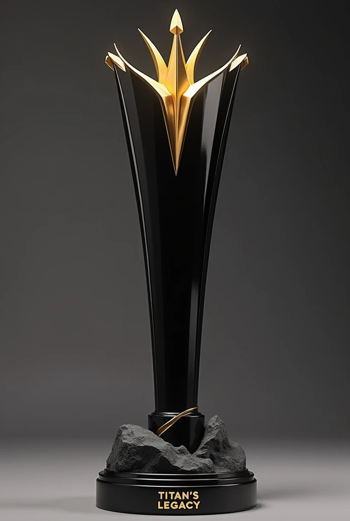 (photorealism:1.2)Style and Design:
Elegant and Futuristic: The trophy has a very stylish design with clean, sharp lines that give it a modern and futuristic look..
Elongated Shape: The structure is tall and thin, which gives it an imposing presence. Vertical and angular lines accentuate this feeling of height..
Colors and materials:
black and gold: The trophy combines dark colors, predominantly black, with details in a matte gold tone. This creates a strong and elegant visual contrast..
Glossy surface: The finish appears to be smooth and matte., which suggests that the trophy is made with a 3D printer,
Visual Elements:
Lightning and Spikes: On top of the trophy, There is a crown fused between that of a king and a queen. With a ray that seems to emanate from the center, giving you a feeling of energy and power, as well as elegance Conical base and rock shape : The base is wider,conical,high and rock shape providing stability to the design.
It is designed in a way that it flows into the body of the trophy without interruptions.. with great height Text:
"TITAN'S LEGACY" "mvp" : The text on the base of the trophy is written in a clean, modern font style., in a golden tone that stands out against the dark base.
made with 3d printer