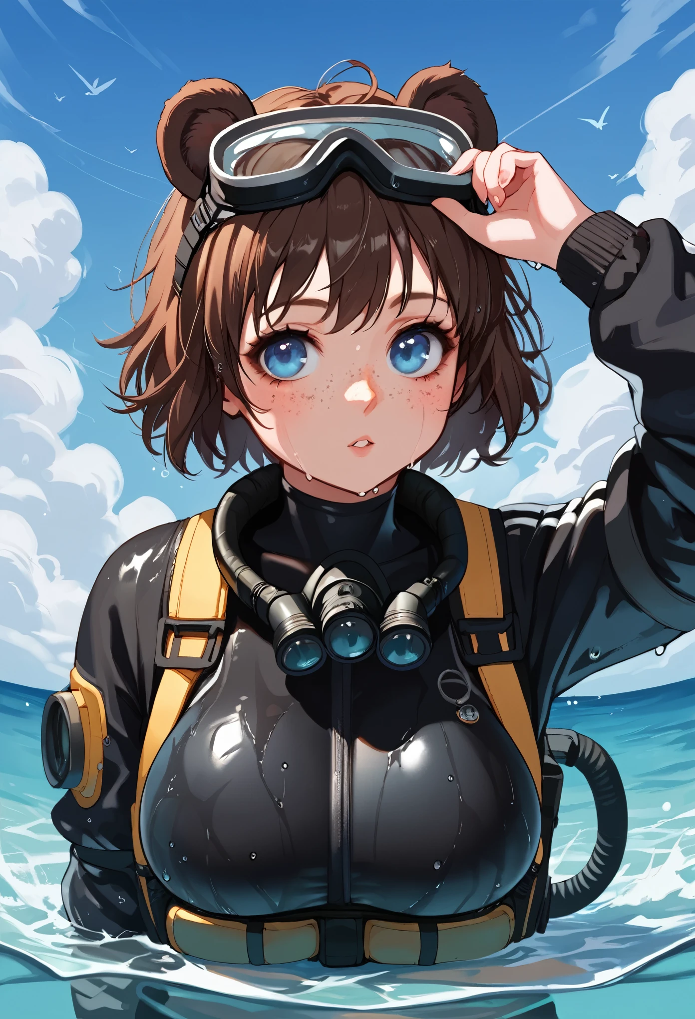 score_9_up, score_8_up, score_7_up, 1girl, solo, source_anime, hourglass figure, Big breasts, kemonomimi, bear ears, brown hair, short hair, messy_hair, blue eyes BREAK freckles, scuba, scuba gear, black one-piece swimmsuit, goggles on head, wading, looking at viewer, looking away, ocean, blue sky, clouds, scuba tank, adjusting goggles, (soaked, wet)