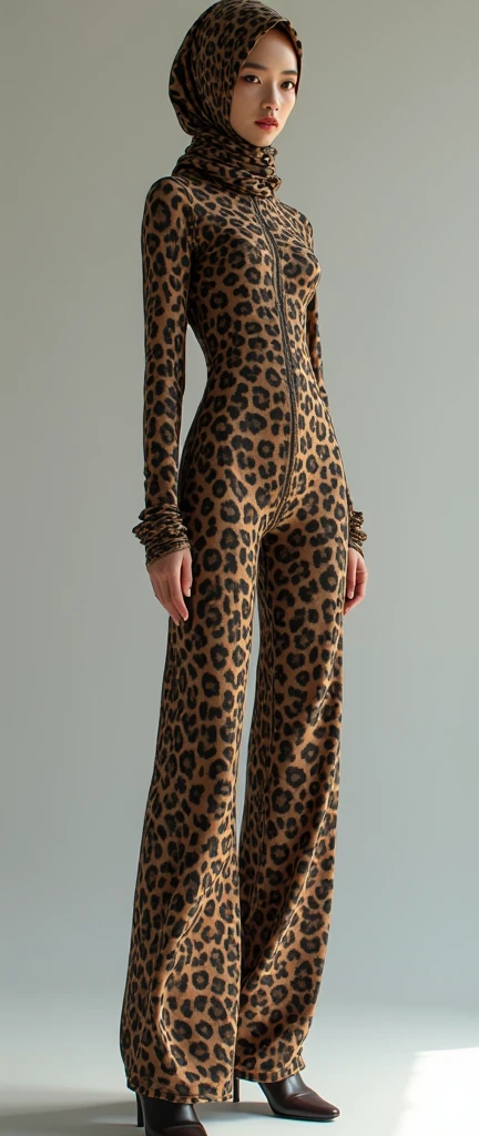 A thinest and beautiful asian muslimah woman wears clouded leopard print lycra footed turtleneck unitard catsuit covered with patterns.She always wear clouded leopard print seamless lycra hijab