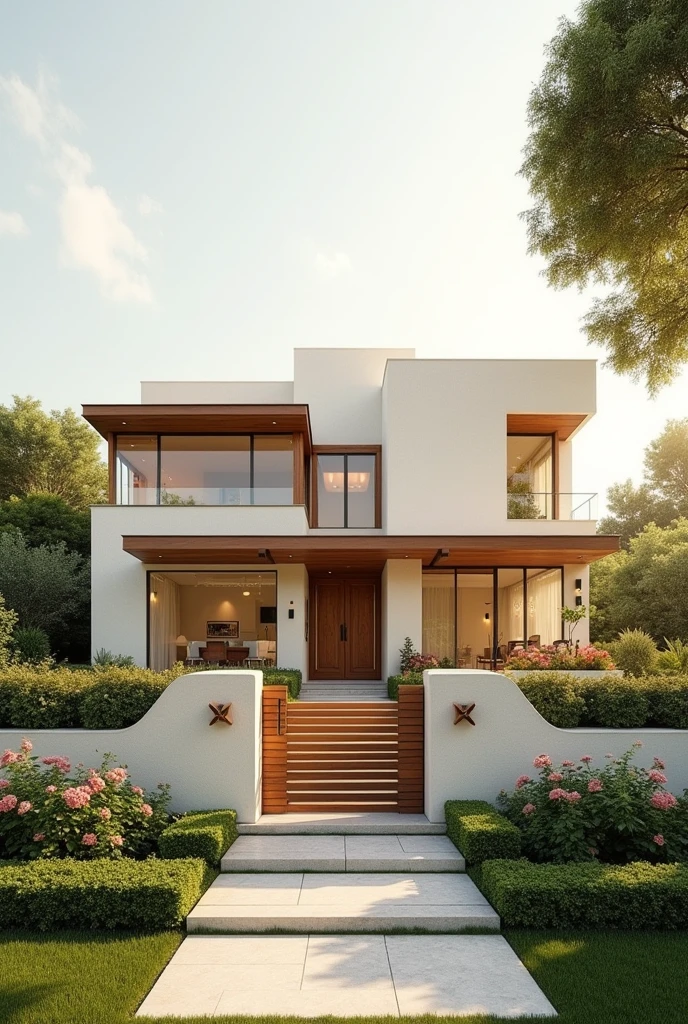 modern exterior and interior house, ivory and brown color scheme leaning into minimalist style withe flowers surrounding outside. add a gate. make it big and homey