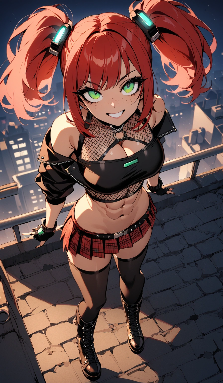 woman, grin, curly red hair in pig tails, green eyes, black eyeshadow, wearing crop top black shirt, long black jacket, red plaid skirt, black knee high boots, black fingerless gloves, exposed shoulders, large breasts, freckles, abs, cleavage, looking up at viewer, masterpiece, best quality, Holo-Punk Style, on a rooftop, make up, eyelashes, fish net undershirt, fish net stockings, (full body)