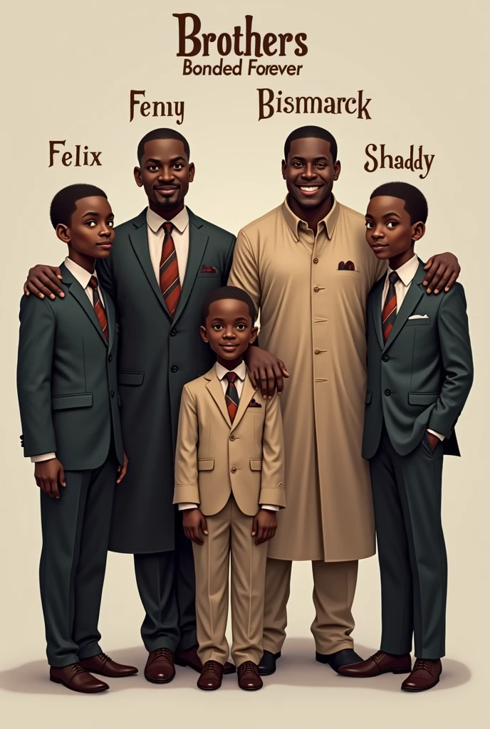 A group icon of Brothers ages in order of their names and also name tags respectfully as well, they are all black Africans and in formal attire, their names are as follows LENNY, MIKE, FELIX, BISMARCK, SHADDY, GIDDY, theirs Last born is at ager
provide
Also, A NAME TAG ABOVE THEM stating
'BROTHERS'
'BONDED FOREVER '