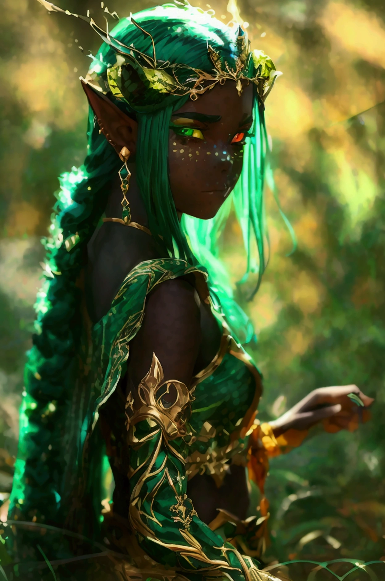 prismatic coloration, holographic environment, young girl, black skin, Beautiful, elven ears, Serious expression, ponytails, leaf green hair, Heterochromia with deep green & Gold eyes, C-cup, lithe, fit, Modest-attire, full-body, slender legs, beautiful eyes, freckles, leaf green eyebrows, Cute butt, (long straight prismatic Demon horns:1.2), wielding magic wand, Battle stance, grassy aura, mystic black-Green cloak with Golden Floral designs
