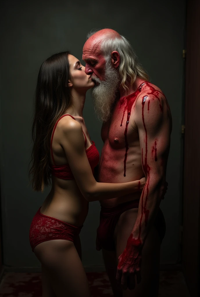 American young girl, wearing lingerie, very old man wearing underwear has red eyes, in dark room of blood, doing ritual, kissing