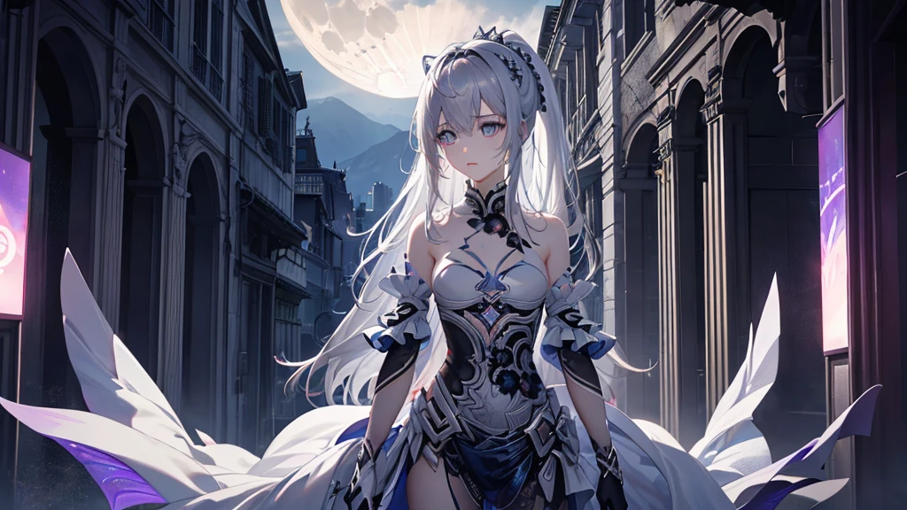 (最high quality、High resolution、Textured skin、high quality、Caution about scars、Precise CG unification、Detailed Background)、((Turn around))、One woman、Silver Hair、Standing in front of the pale moon、Game CG、disaster々Shii、Insanity、