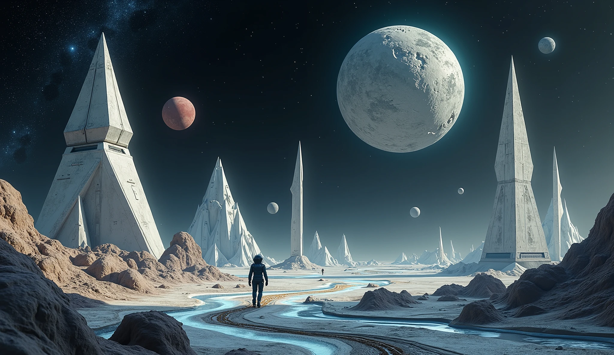 (((The spacesuit is broken)))The astronaut,Alien base (Very detailed astronauts) In the mountainous desert,There are several exhaust fans and chimneys, Some spotlights come out of the base to illuminate dark places, (Extreme nights), Some clouds in the night sky, Some of the surrounding planets provide air to unknown planets,The farthest giant volcano is erupting((The astronaut))(((The spacesuit is broken))