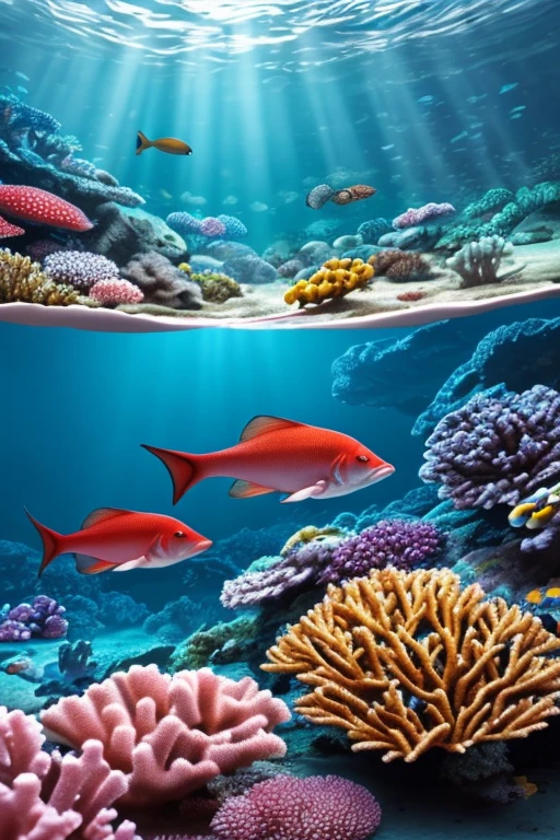 Megatron, Coral Reef, Underwater seascape, Crystal clear seawater, The sunlight shining on the waves, School of tropical fish, Vibrant marine life, Calm and tranquil underwater environment, Ultra-realistic, 8k, Realistic, Cinema Lighting, Stunning colors, masterpiece