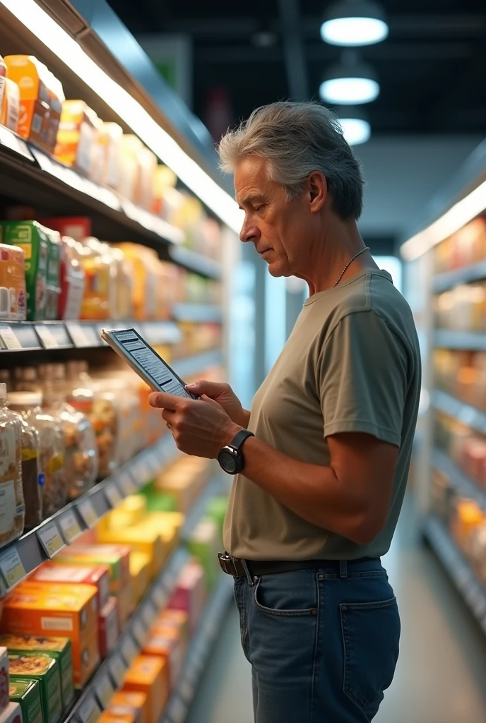 A person reading the nutrition facts of a food in a grocery