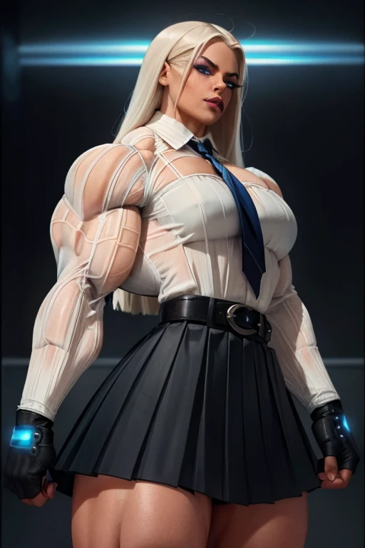 ((Close-up)), tall, (White hair) beautiful muscular woman, long straight hair, brown skinned, closed smile, (black lipstick), (massive muscles), (hyper muscle), ((ginormous bulky muscles)), ((glowing blue eyes)), (((long sleeve white pleated shirt))), (((black long pleated skirt with belt))), (fingerless gloves), necktie, thigh highs, in college, 