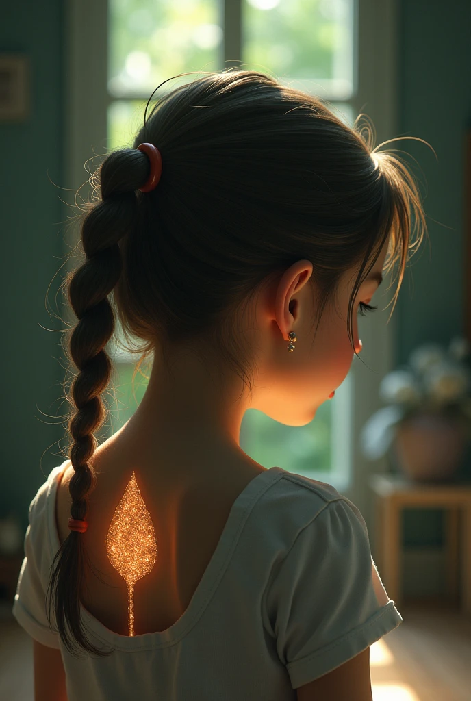 a young girl noticed a marken on the back of head. the mark looks like a water