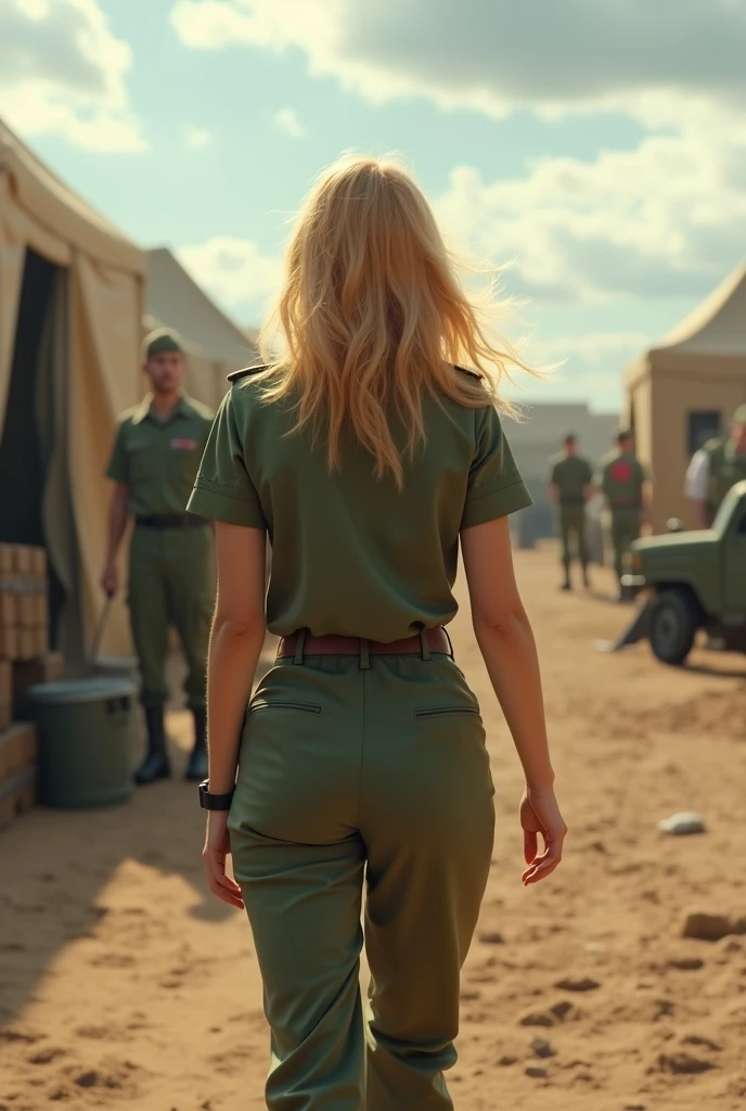 (photorealism:1.2), beautiful blonde woman, wearing nurse military outfit, in a military camp, view from behind her

