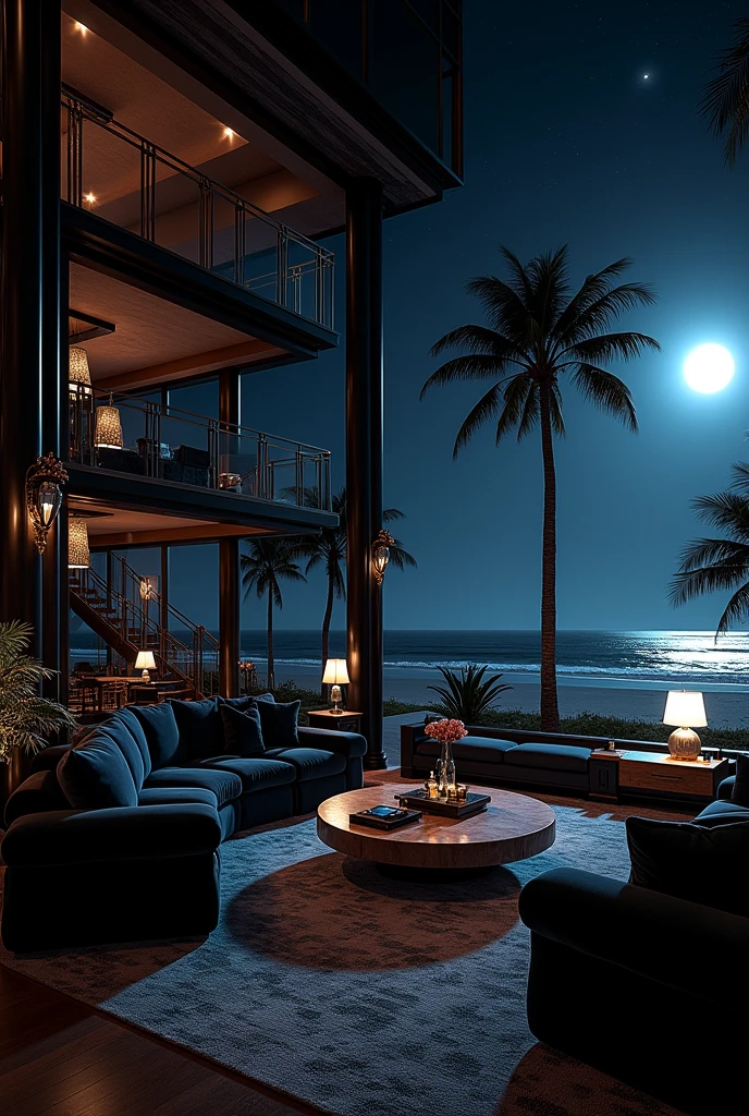 Make me a living room and upstairs I want a staircase the living room will be large and black on the beach with an old television and devices from the 80s luxurious and extravagant style of the 1980s give me details so I know we are in the time it is in a mansion give me the windows it is night we are in a mansion of some mobsters 
