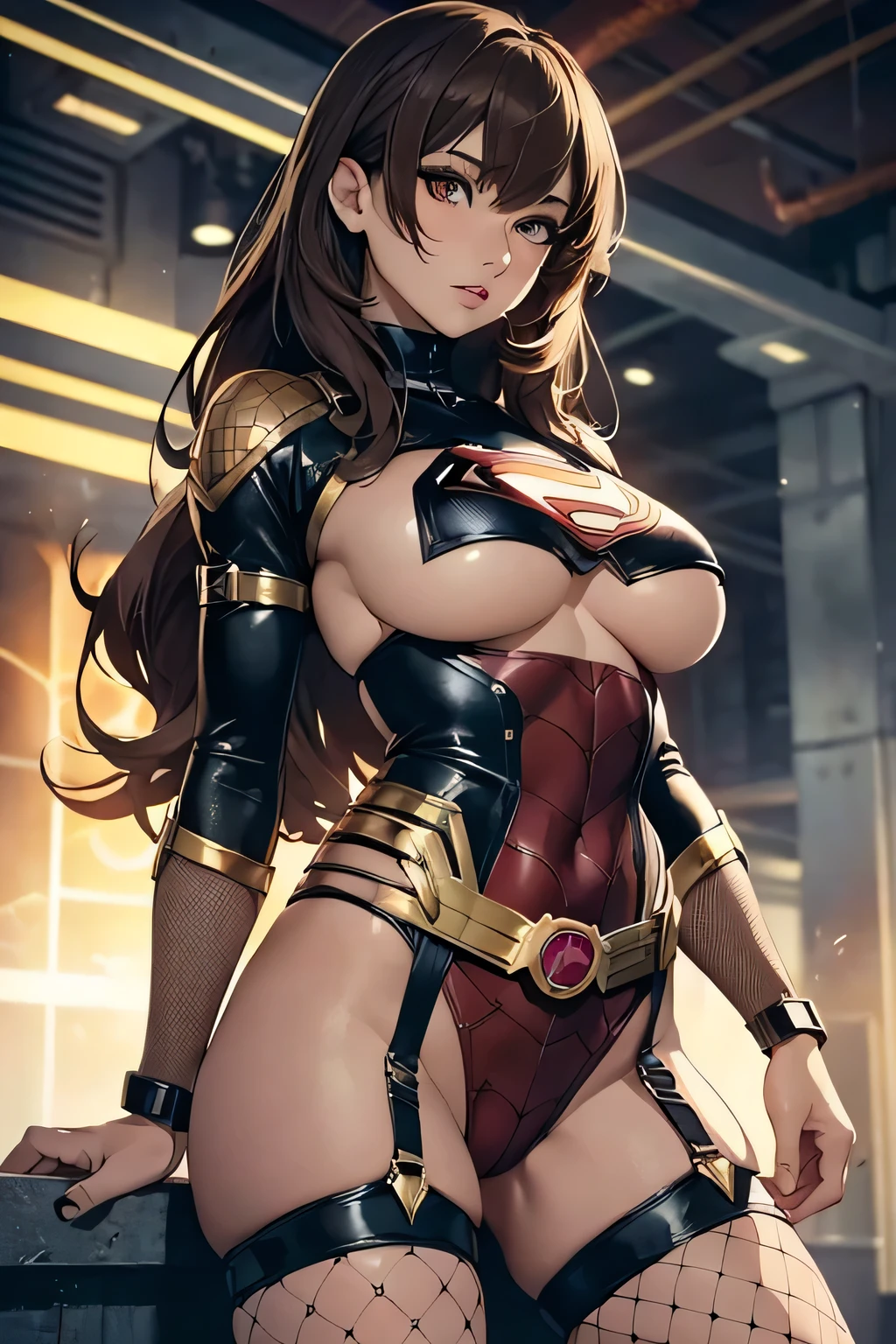 1 woman, long hair, large breasts, ((detailed eyes:1.2, brown eyes)), ((superhero outfit, fishnets, underboob)), nsfw, sexy, sensual, masterpiece, top quality, best quality, official art, beautiful and aesthetic:1.2), extreme detailed, colorful, highest detailed