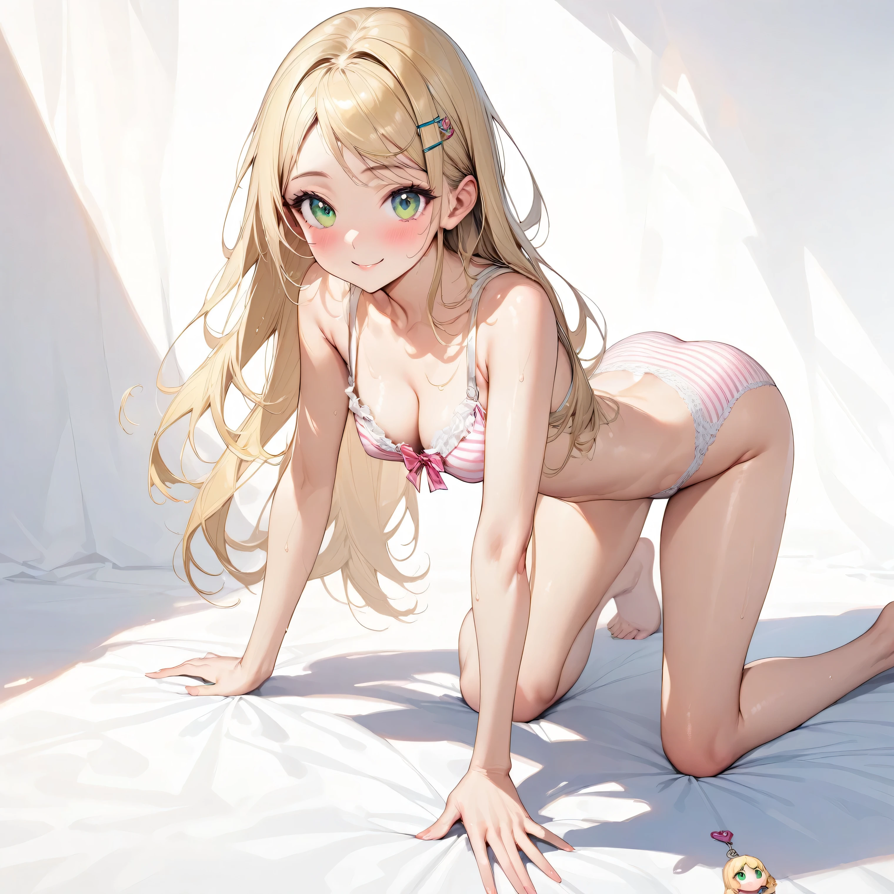 (masterpiece), (Highest quality), High resolution,(Very detailed), (Best illustrations), (Best Shadow), (Beautiful girl), (Absurd), (White background), (White Room), (White carpet),
(Highly detailed face), Perfect limbs, Intricate details,
My Little Sister Can't Be This Cute, (Kirino Takasaka), kirino kousaka,
Blonde, Long Hair, Hair Clip, Green Eyes, bangs, Shyness, smile, A slight blush,
Perfect limbs, Perfect Anatomy,Thin legs,Intricate details,Five perfect fingers,
Focus on one person, Big eyes, slender, Tight waist, Beautiful Skin, Wet,
sexy, Charm,
whole body, Full Shot, panoramic,
Showing off, White panties, Detailed panties, Erotic,
Underwear with a small ribbon,Underwear with pink stripes,
Cleavage, tits, Butt, naked,
Junior high school girls' uniforms, Panty shot, Open legs, Short skirt,
Positive, Low position, On all fours,