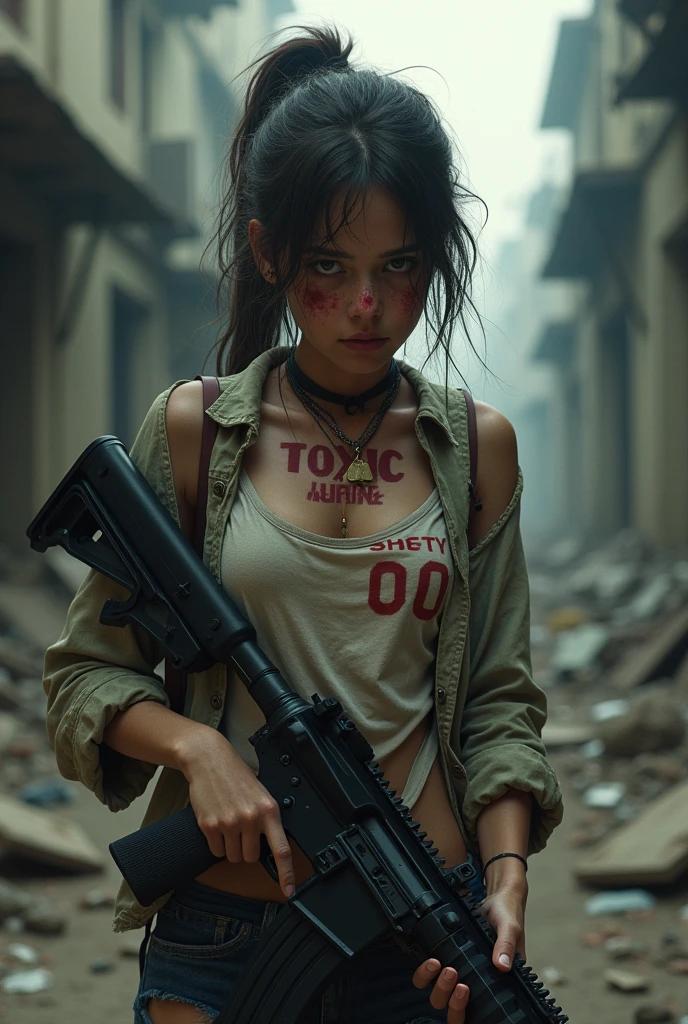 A toxic wounded girl who have toxic printed on his chest and 00 on his neck holding m416 gun in infected area . Ensure that tatoo are shown clearly.