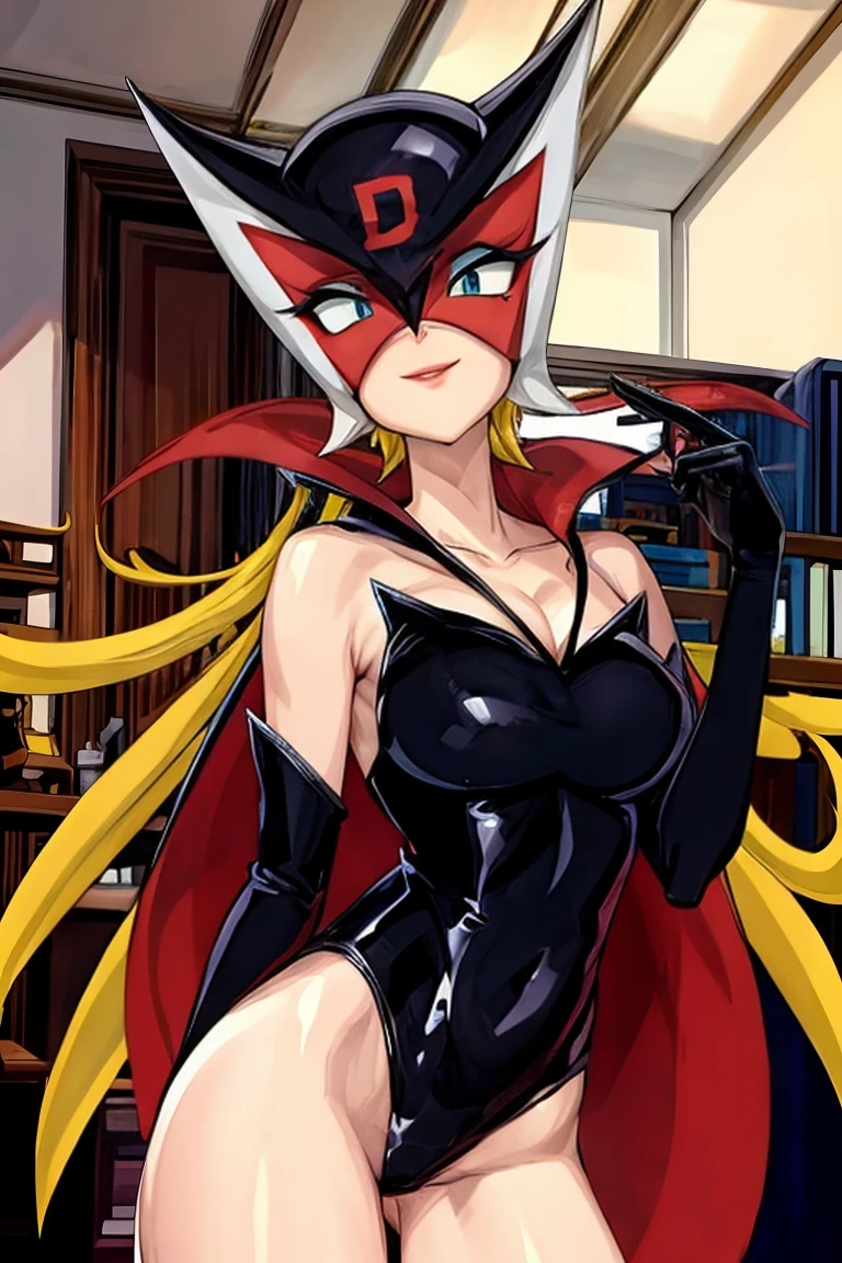 (masterpiece:1.3),(highest quality:1.4),(Super detailed:1.5),8K,High resolution,(an extremely delicate and beautiful:1.8),Official Art,Perfect Anatomy,(90s Anime,90s Anime style,Cel-shaded anime:1.17),(anime screencap,anime coloring:1.5),((Doronjo:1.52)),Perfect Face, (Accurate hand and finger depiction), (Doronjoのマスク), ((Black see-through leotard costume)), ((A large red D is engraved on the front of the mask)), ((Her eyes are covered with a red see-through veil.)), (Blonde Long Hair), Beautifully long red nails, deep red lipstick, sneer, (Voluptuous body), (Large Breasts:1.2)、(Cleavage), Narrow waist, Big Ass, Alluring, glamorous, (Front view), full body, Skull ornament