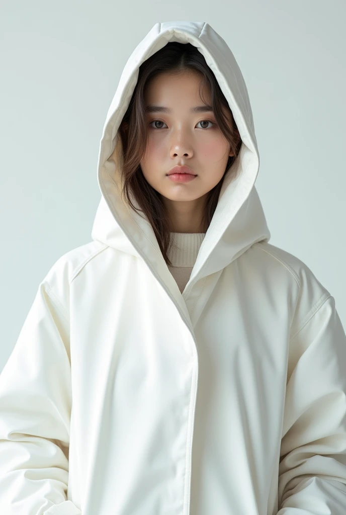 Full-body portrait of a young woman wearing a white hooded coat, posed in a clean, modern studio with a neutral background, showcasing the coat's design with soft, even lighting, captured with the Canon EOS R5, Kodak Portra 400 film, 70-200mm zoom, with Natural/True to Life color grading.