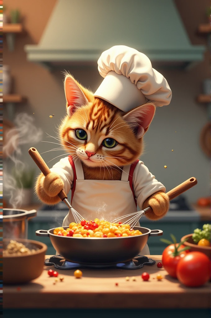 A cat is cooking in the kitchen
