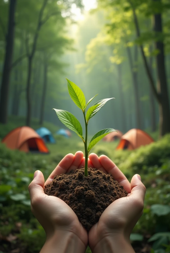 create a design that contains group camping activities with lots of tents in the forest without people, just tents with the focus of two hands holding tree seedlings