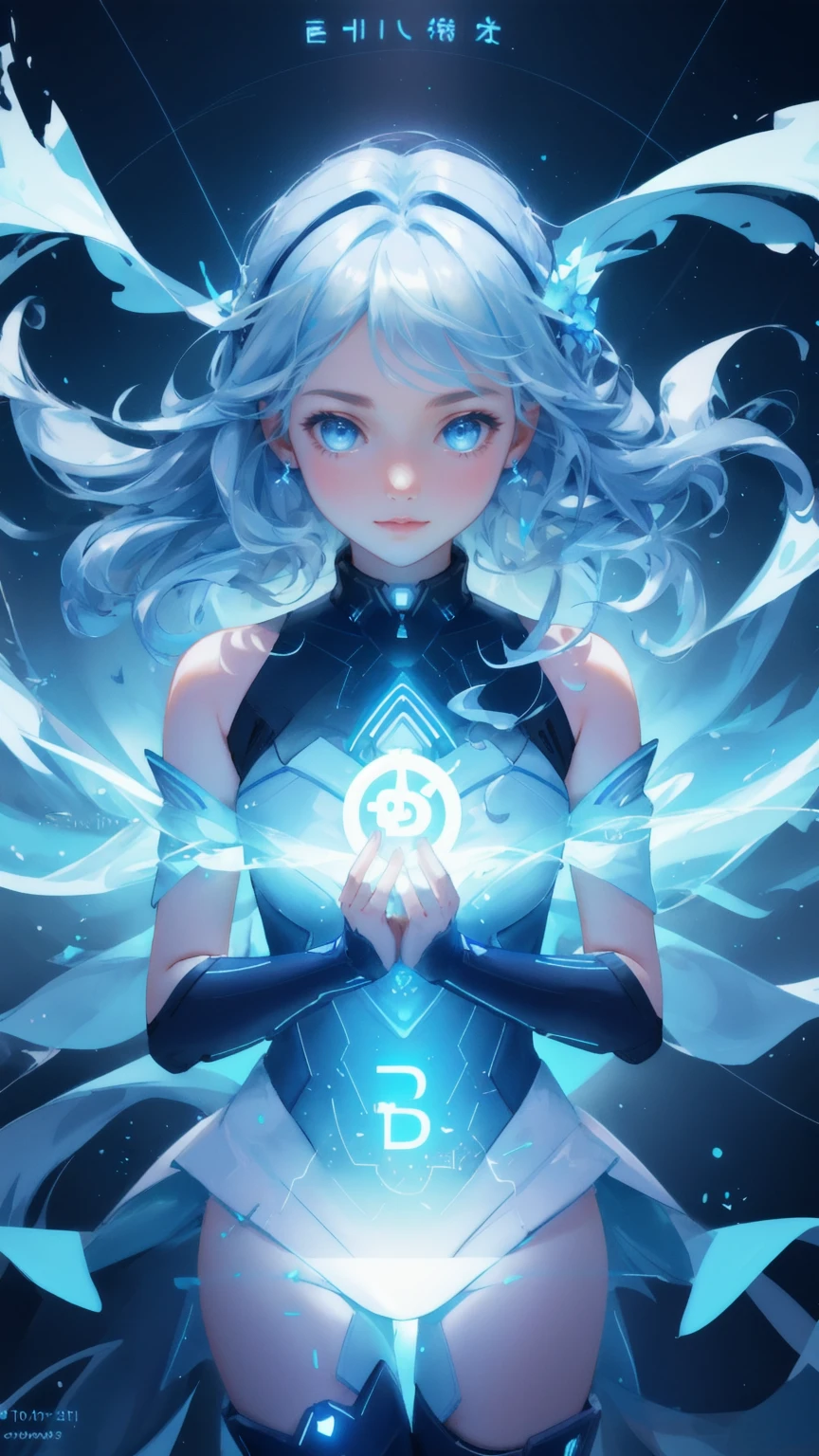 Create an image featuring a futuristic, blue-themed background with a digital and technological atmosphere. Replace the ethereal figure with a cute girl, embodying the same flowing energy and power. The girl should appear as if she is composed of pure energy, with blue flames rising from her head and hands, which are surrounded by floating cryptocurrency symbols such as Bitcoin and Ethereum. Below her, dynamic waves of energy or water swirl around, emphasizing the power and flow of decentralized finance (CeDeFi). The overall aesthetic should be a blend of technology, energy, and digital finance, maintaining the original's dynamic and powerful visual impact.