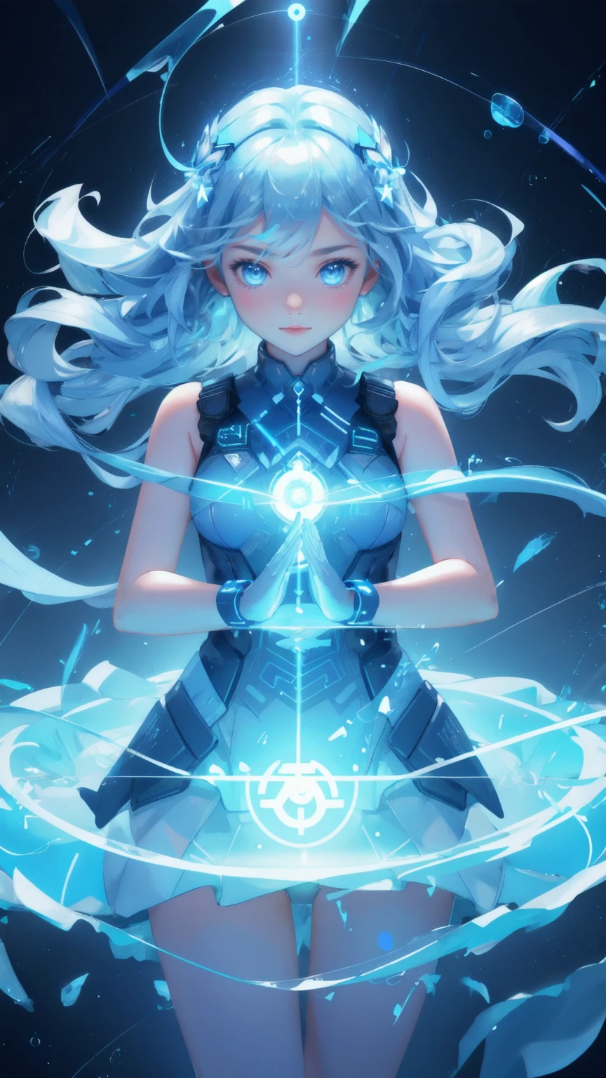 Create an image featuring a futuristic, blue-themed background with a digital and technological atmosphere. Replace the ethereal figure with a cute girl, embodying the same flowing energy and power. The girl should appear as if she is composed of pure energy, with blue flames rising from her head and hands, which are surrounded by floating cryptocurrency symbols such as Bitcoin and Ethereum. Below her, dynamic waves of energy or water swirl around, emphasizing the power and flow of decentralized finance (CeDeFi). The overall aesthetic should be a blend of technology, energy, and digital finance, maintaining the original's dynamic and powerful visual impact.