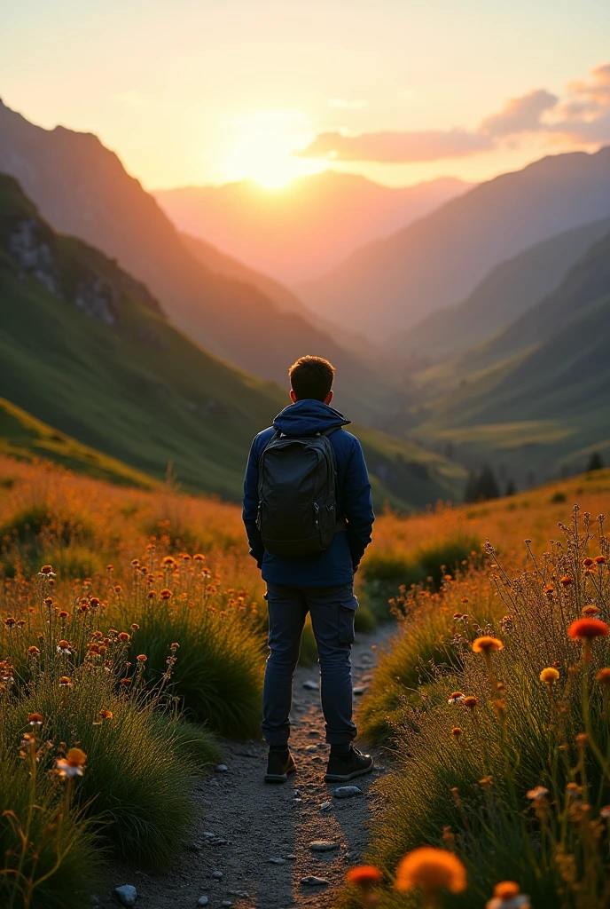 A man turning behind the trial of mechuka trek and song valley's sun rise merged in the single image and the image should be like taken from a dslr camera
Without the river , should be filled with meadows 