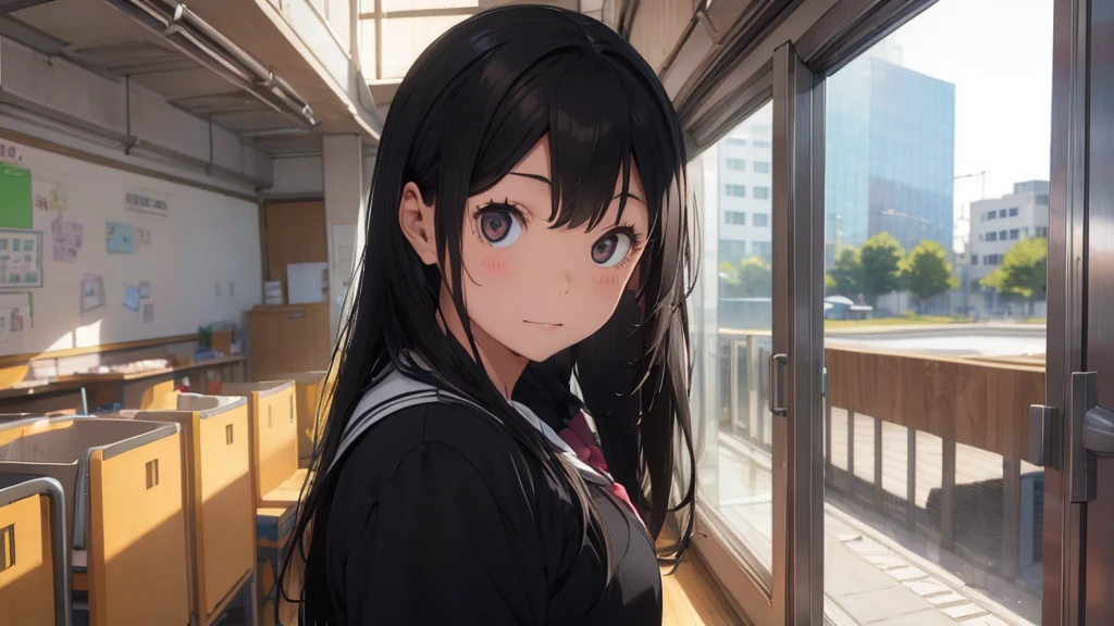 a girl in school uniform long hair black hair embaresd 