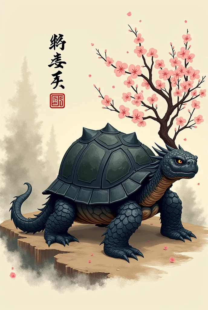 Doodle art of a dragonic black tortoise with chinese edo period  style look 
