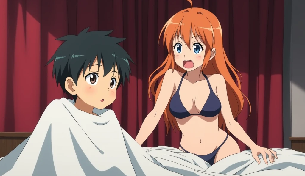  image is from an anime, depicting a humorous or awkward situation. It shows a  boy with short black hair, sitting on a bed while looking at 30  years old women with long orange-brown haird. The women, who appears surprised , is wearing bikinies , while the boy looks startled and is partially uncovered by a bed sheet. The background features red curtains, giving the scene an intimate or tense setting. The overall style is comedic and fits the trope of awkward encounters often found in romantic or slice-of-life anime.