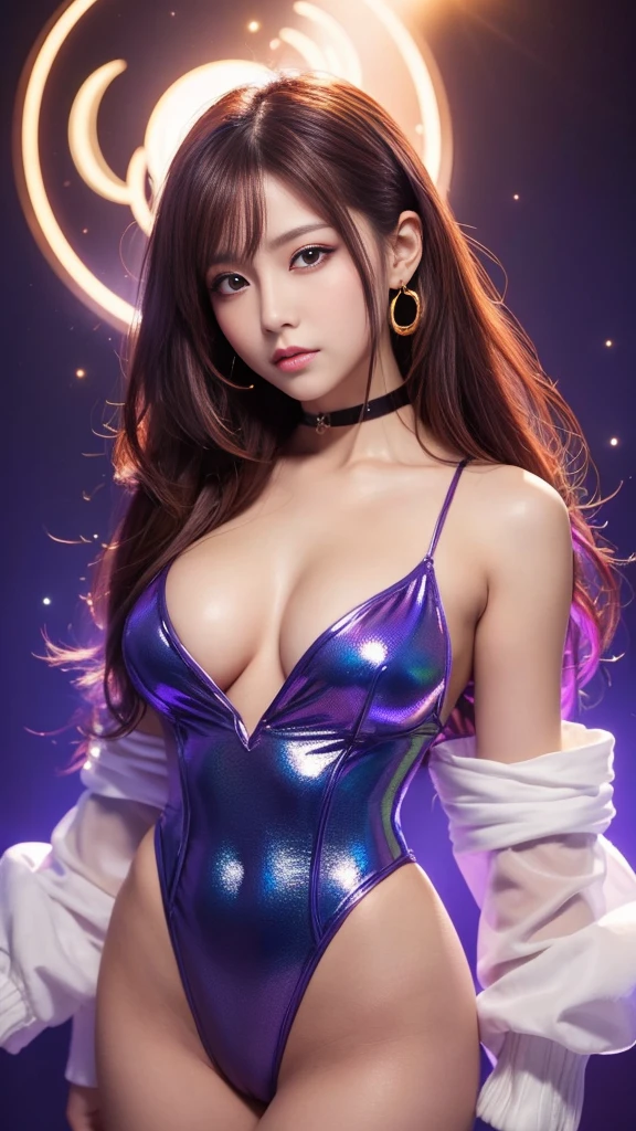 ((masterpiece)), highest quality, absurd, super detailed, holographic, cowboy shot, golden ratio, super cute girl, mature woman, idol girl, Super beautiful Asian girl with very beautiful purple glowing eyes, Beautiful shining brown colorful hair, high ponytail, nice and sexy body, Because I'm slender, perfect body, Super tight off shoulder long sleeve crop top with anime print, Super beautiful transparent mini jacket, beautiful hair ornament, pink jordan tennis, A photo was taken inside a shopping mall, undressing, Showing off her neon pink panties, showing thong,