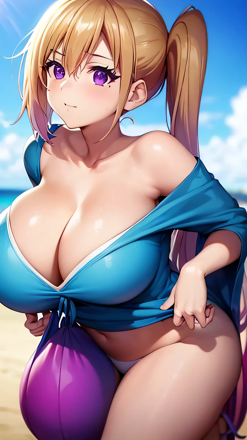 Perfect composition,masterpiece, (Highest quality), Adult women, bionde, Hair length, Side Ponytail, Purple eyes,sweater, skirt,Huge Cleavage,Sexy woman, Embarrassing,blush, Bright colors,,Natural soft light,RTTX 10.0, (Detailed face:1.2), Showcase, (Perfect Eyes:1.1) ,(Photorealistic:1.1), 8k Ultra HD, Look at the viewers, Seaside, beach, Simple Background,(Cleavage:1.4),Tremendously large bust,Huge bust,(throw,Close-up shot:1.2),From the top of the head to the waist,