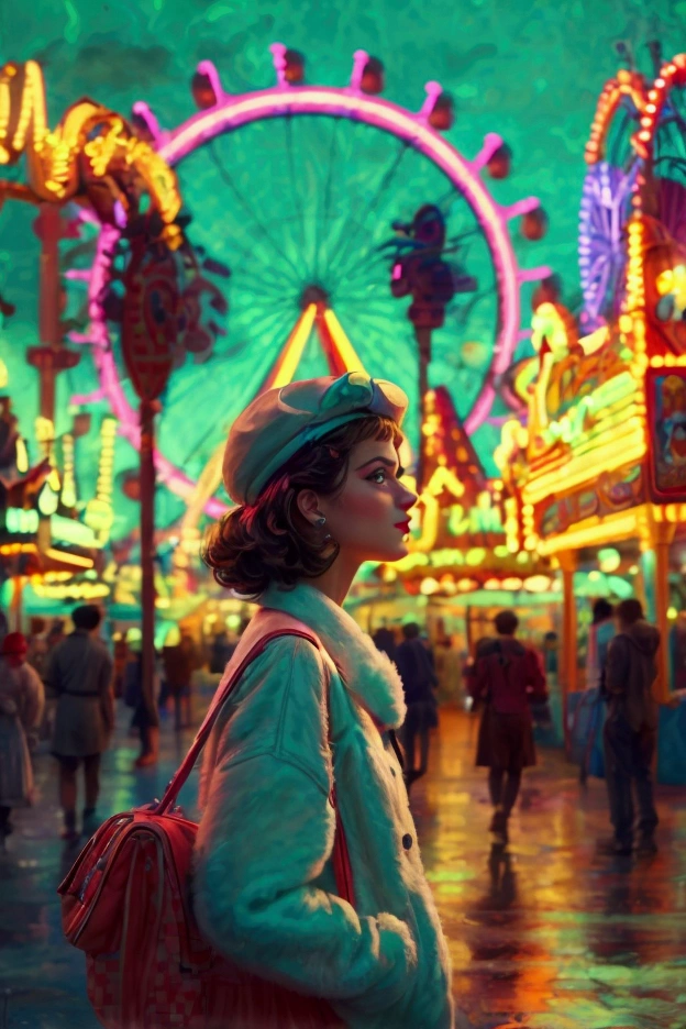 Portrait in a 1950s amusement park: A person in modern attire, in an amusement park decorated with rides and stalls from the 1950s, with neon lights, cotton candy, and a ferris wheel in the background. 8k, UHD