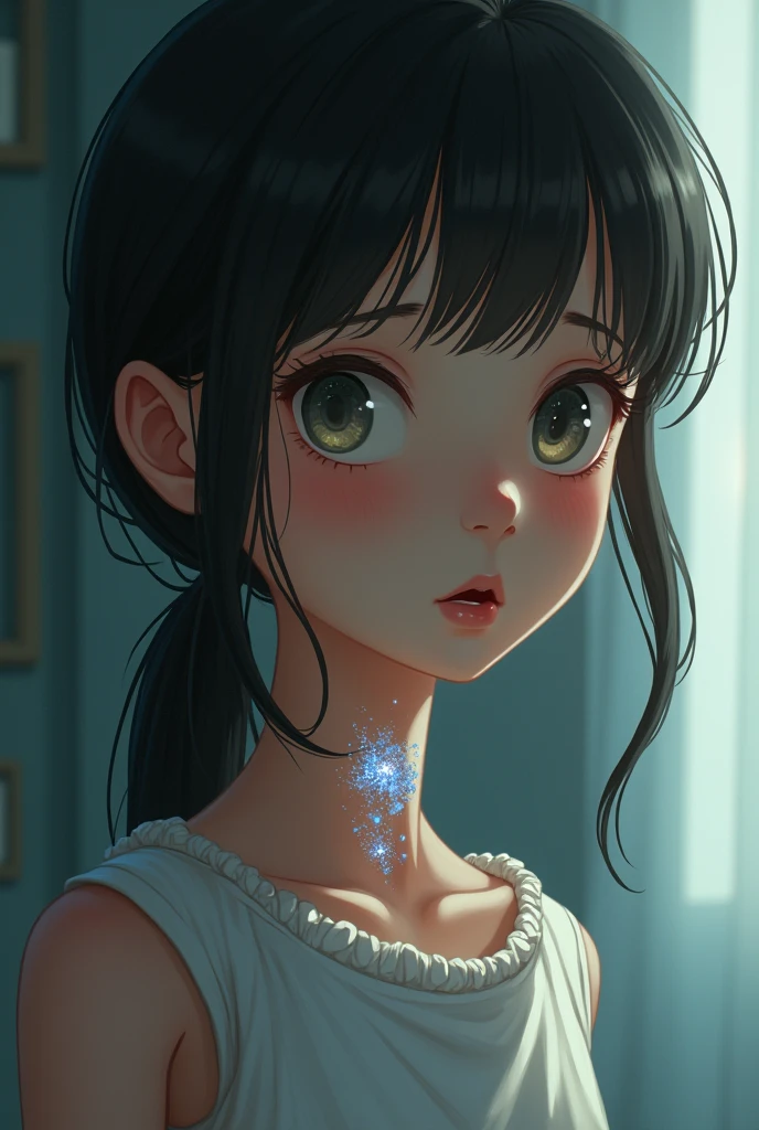a young girl noticed a marken on the back of neck. the mark looks like a water. she was shocked