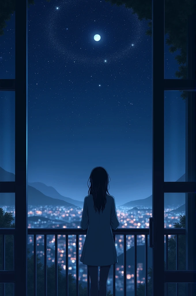 the view is from the balcony and you can see the moonlight and sky full of stars