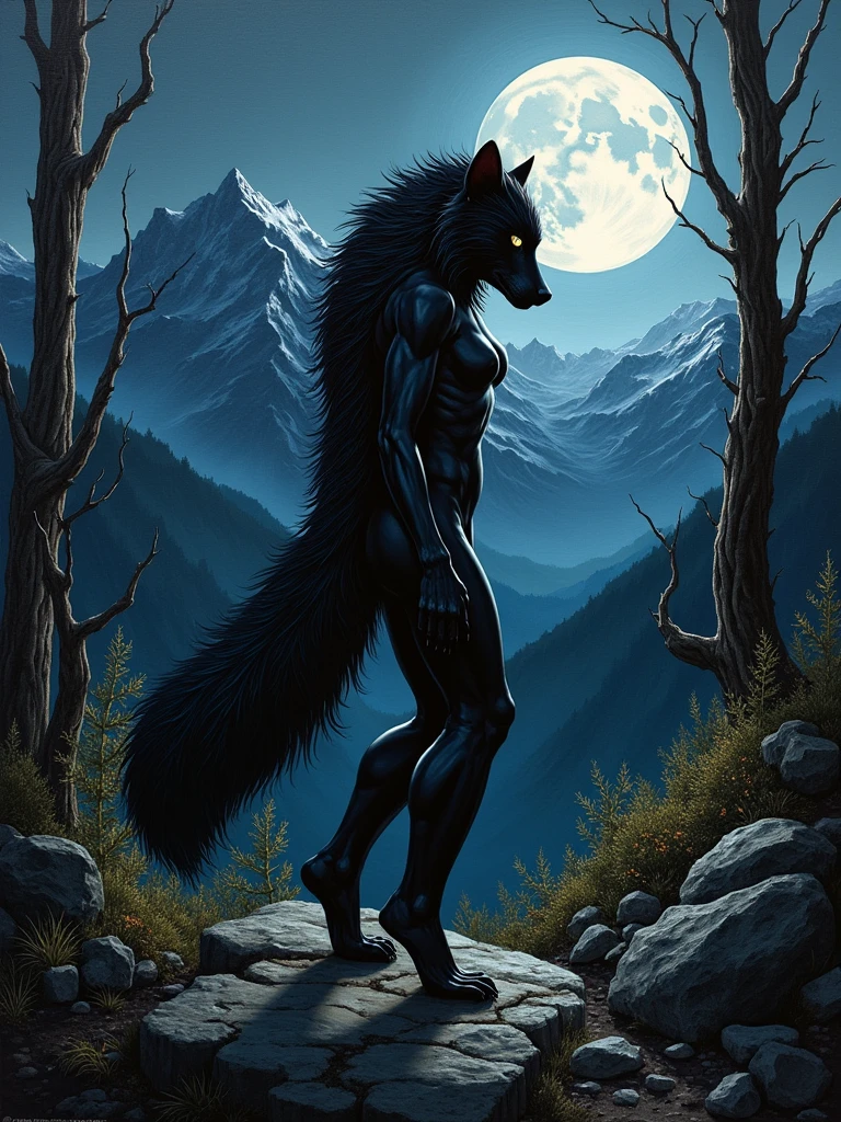 Capture the essence of a captivating female figure with black fur, radiating a sense of both beauty and terror. Set against the enchanting backdrop of the Alaska mountains beneath a full moon night, depict her amidst dry trees and undergrowth, with intricate details enhancing the scene's allure. Infuse the composition with the distinct art styles of notable artists like Greg Rutkowski, Daniel Castan, Carne Griffiths, Andreas Lie, Russ Mills, and Leonid Afremov. Against a black background, create a comic-book oil painting that harmonizes both the ferocity and elegance of nature, paying homage to the artistic influences mentioned. The goal to convey a visually compelling narrative that blends the mystique of the wild with the captivating allure of the female form.