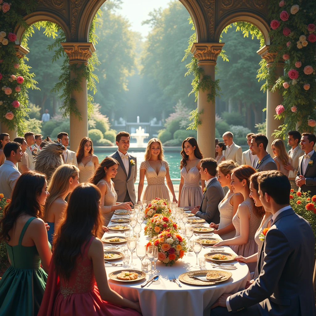 A royal garden party with fantastical beasts as the honored guests.