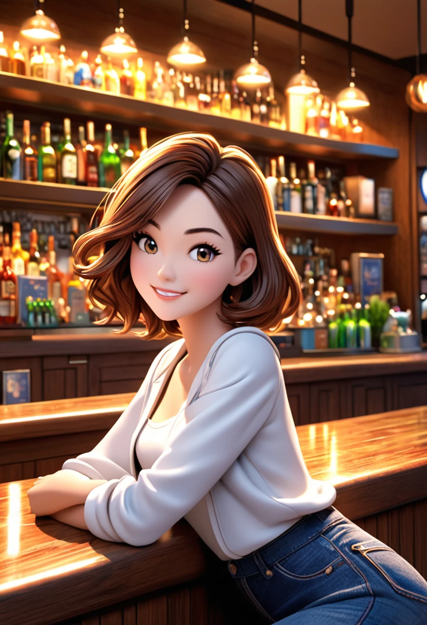 A stunning model in the style of cartoon 3D render Pixar animation Pixar sit on a bar stood in spontaneous smile and cute natural dimples, shoulders. She is wearing white tshirt and jeans,jacket. Dynamic posing. The background includes typical elements of a fine bar counter view. The scene is vibrant and elegant, focusing on women's features, and clothing. Perfect face, with high definition, detailed depiction, wide-angle lens, soft lighting, static movements, hdr, 32k