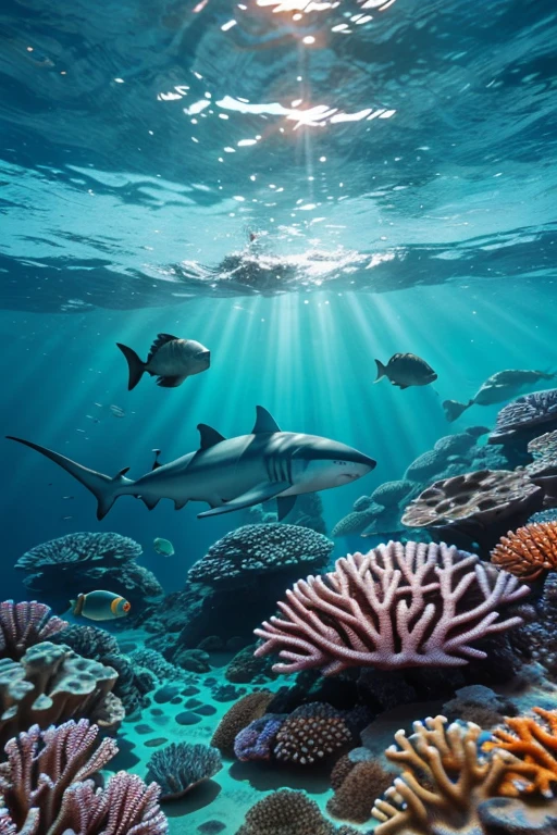 Giant Shark, Coral Reef, Underwater seascape, Crystal clear seawater, The sunlight shining on the waves, School of tropical fish, Vibrant marine life, Calm and tranquil underwater environment, Ultra-realistic, 8k, Realistic, Cinema Lighting, Stunning colors, masterpiece