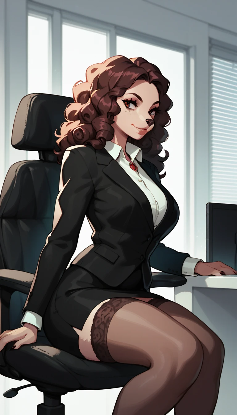 Furry, Female dog, beautiful, curly hair, formal suit, office skirt, stockings, sits in an office chair, director, solo, One, view slightly in profile