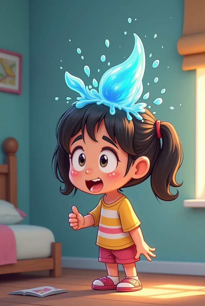a young girl noticed a marken on the back of head. the mark looks like a water. she was shocked. make it cartoon