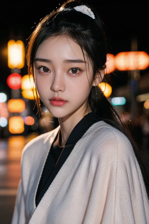 (22 year old Japanese beautiful girl,Thin eyebrows), (Small breasts,:1.5,),(solo,Textured skin, High detail, Highest quality, Super detailed, Surrealism, Realism,8k,RAW Photos,Professional Lighting,Aperture F1.2),(((Black Hair, Natural Makeup,Low ponytail))),((Neon Light,bustling street,Black poncho style sweater))