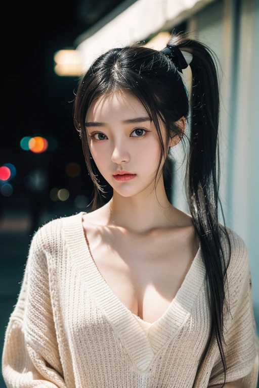 (22 year old Japanese beautiful girl,Thin eyebrows), (Small breasts,:1.5,),(solo,Textured skin, High detail, Highest quality, Super detailed, Surrealism, Realism,8k,RAW Photos,Professional Lighting,Aperture F1.2),(((Black Hair, Natural Makeup,Low ponytail))),((Neon Light,bustling street,Black poncho style sweater))