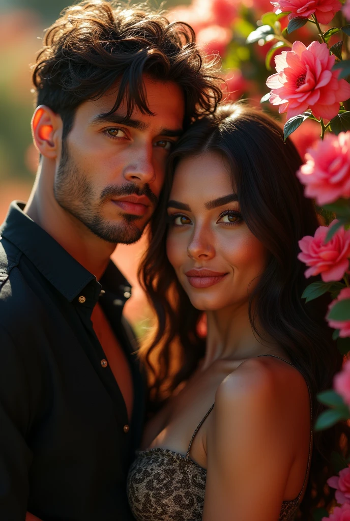 a beautiful Mexican couple, man and woman, facing forward, looking at the camera, detailed face, Man has wavy hair, woman has huge breasts, huge ass, wearing a casual top and short jeans, walking through a flower garden, showing sexy legs, photorealistic, 8k, hyperdetailed, masterpiece, vivid colors, chiaroscuro lighting, dramatic lighting, volumetric lighting, cinematic, professional photography, female portrait