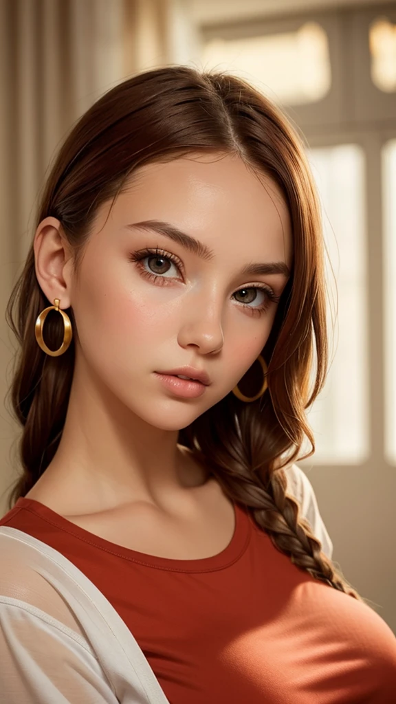 A young lady aged 16 yrs, with long red hair, wavy hair, braided, with air bangs. She has an hourglass figure. She is wearing a red oversized T-shirt. She is wearing gold earrings. Looking directly into the camera. She has tan skin, and braces, constricted pupils, parted lips, large breasts, perfect lips, big lips, perfect nose, cute face, baby face, Hyperrealism, cinematic lighting, jpeg artifacts, close-up view, bokeh, textured skin, UHD, best quality, masterpiece, high details