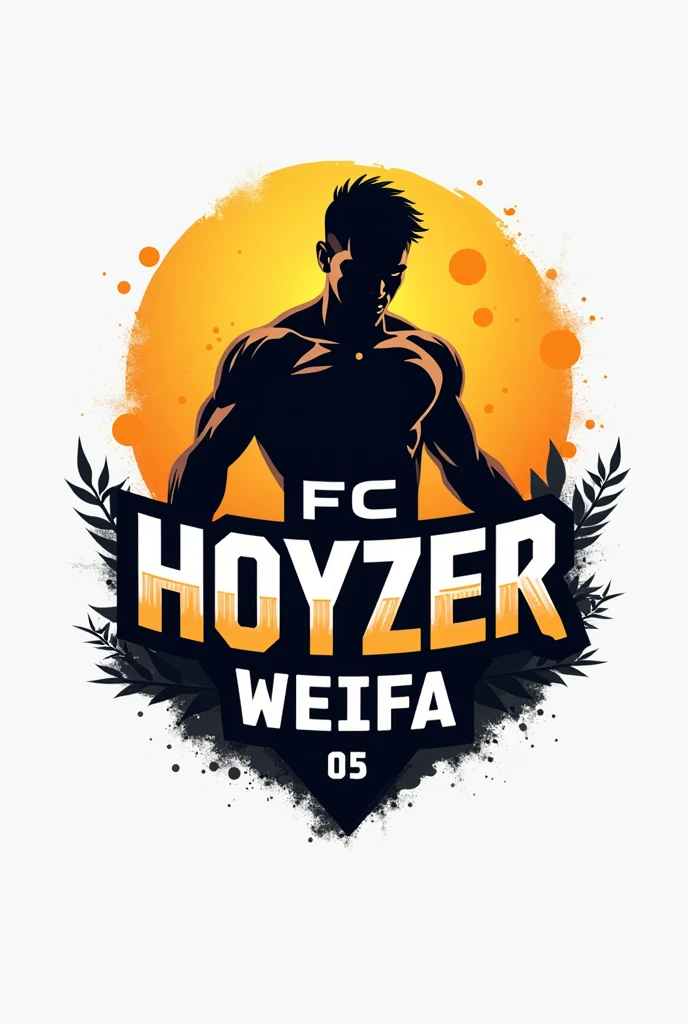 Create a logo with the lettering "05 Weifa" below the lettering "FC Hoyzer" and a fighting man in the background in football style silhouette