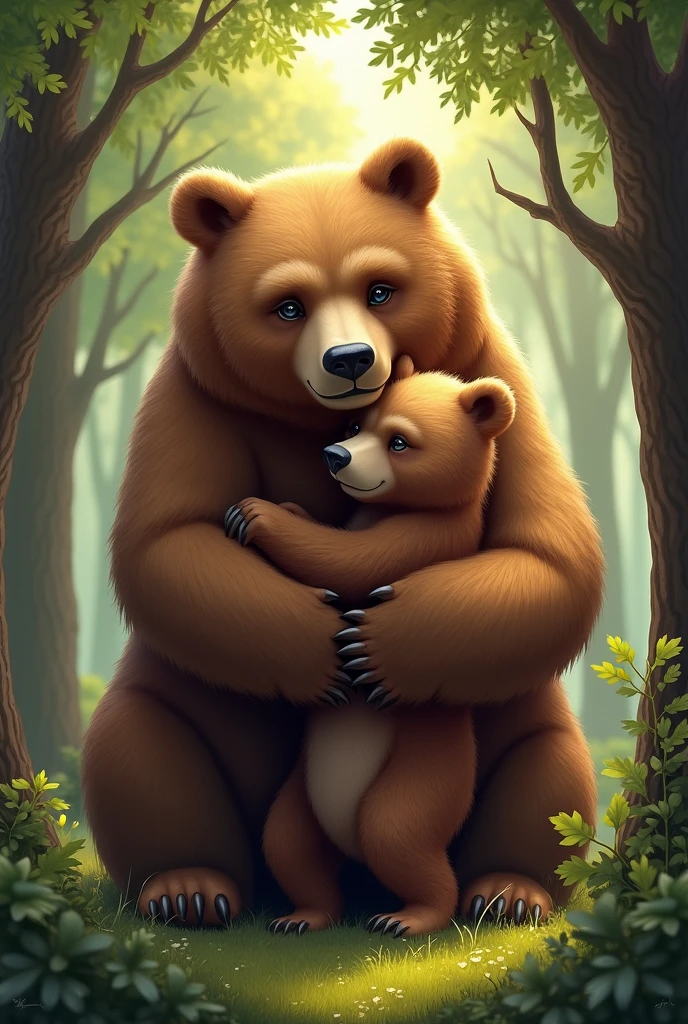 A mama bear holding a  bear, with trees on the background 