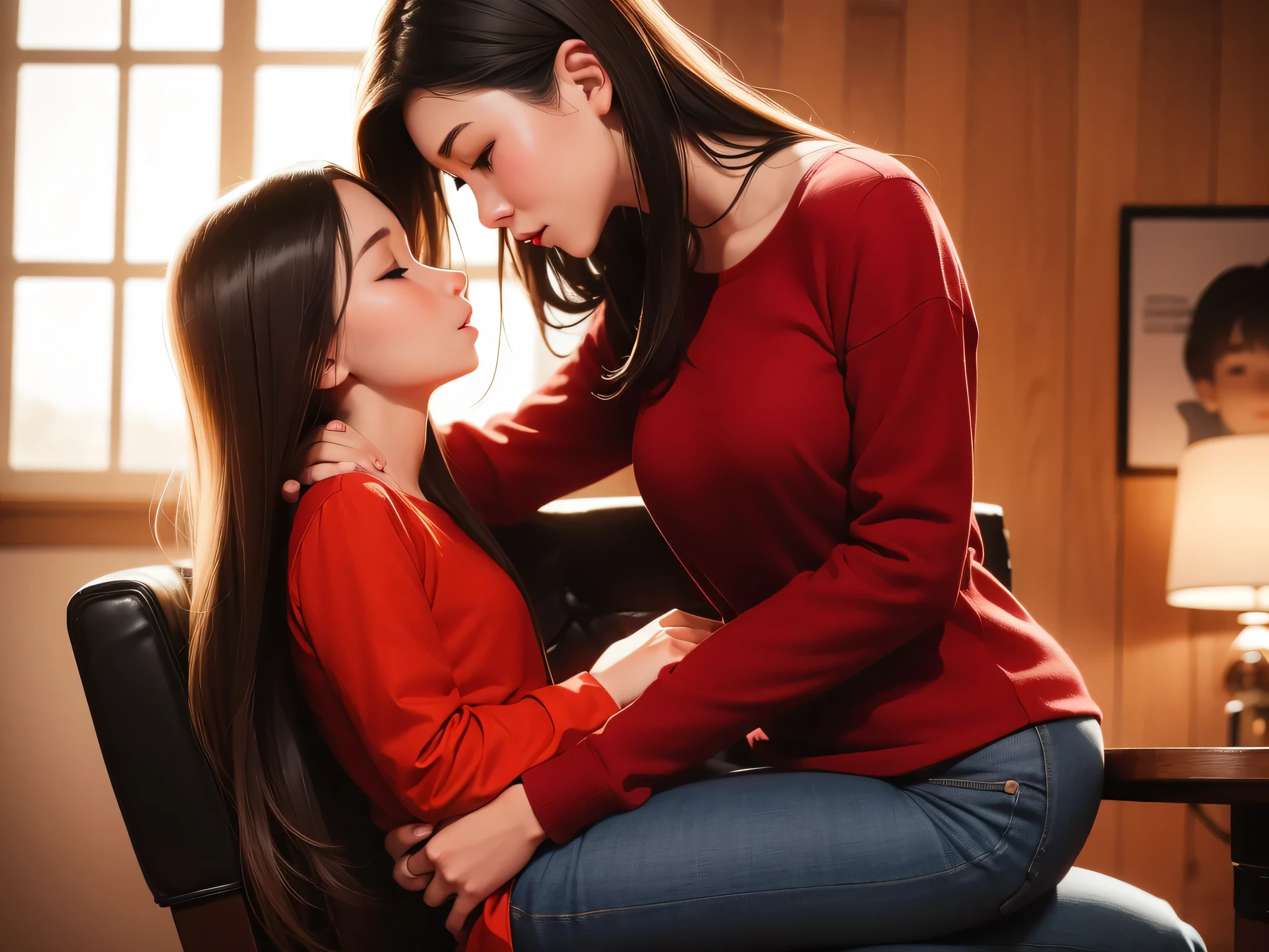 Young sexy girl wearing a red dress sitting on lap of young boy wearing a red and black flannel shirt and jeans who is sitting on a chair, kissing, making out, passionately, dim lighting, sexy, hot, lustful