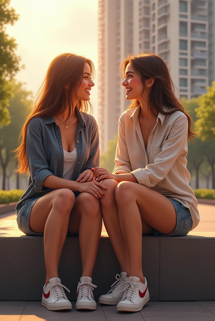 (photorealism:1.2), two beautiful woman, talking each other, laughing and teasing vibes, 1 meter away, sitting on bench, wearing shirts top, shorts, long hair and short hair, outdoors, wearing sneakers shoes, soft lighting, high building in background, realistic image, intricate details, warm colors, 