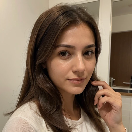 Foto de uma mulher de 24 anos , estilho formal e elegante , light brown hair and mature features . She is a coach and psychologist , turkish woman , coffee drink 